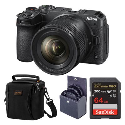 Z 30 Mirrorless Camera with NIKKOR Z DX 12-28mm f/3.5-5.6 PZ VR Lens, Bundle with 64GB Memory Card, Shoulder Bag, 46mm Filter Kit