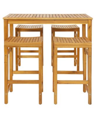 5 PCS Acacia Wood Bar Table Set 45" Rectangular Dining Table & 4 Saddle Stools