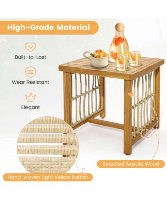 3PCS Patio Acacia Wood PE Wicker Furniture Set w/ Soft Seat & Back Cushions