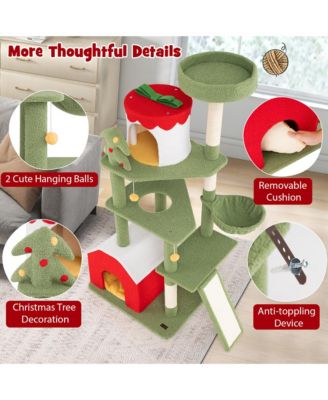 61'' Tall Christmas Cat Tree w/ Sisal Scratching Posts Plush Perch & 2 Condos