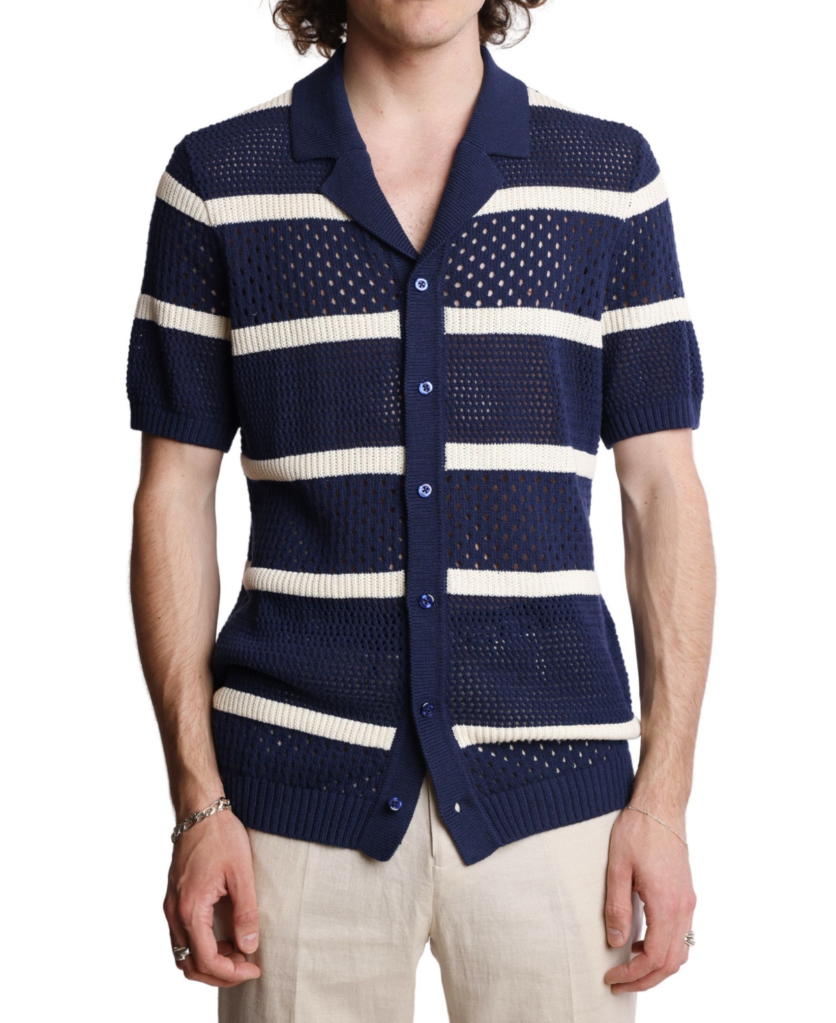 Men's Slim Fit Short Sleeve Striped Crochet Cardigan Sweater - Navy  Cream