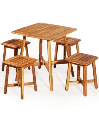 5PCS Acacia Patio Dining Set Outdoor Dining Furniture w/Square Table & 4 Stools (FW1)(FW3)(1U67)