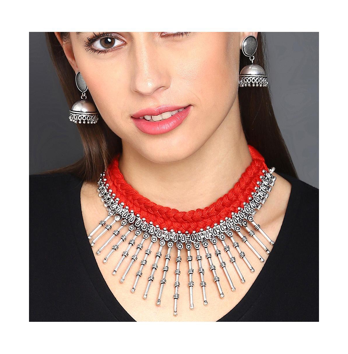 Sohi Women's Silver Plated Designer Jewellery Set In Red