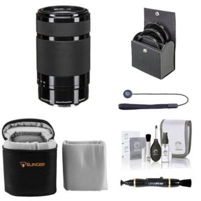 E 55-210mm f/4.5-6.3 OSS Lens for Sony E, Black, Bundle with 49mm Filter Kit, Lens Case, Lens Cleaner, Cleaning Kit, Lens Cap Tether