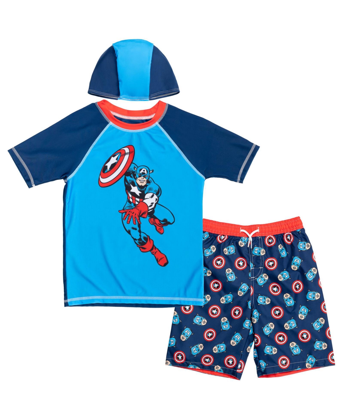 Avengers Boys Rash Guard Swim Trunks and Cap 3 Piece Swimsuit Set
