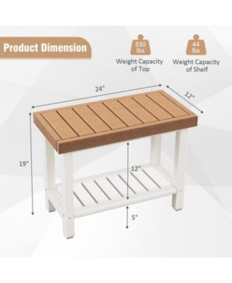 2-Tier HDPE Shower Chair with Storage Shelf and Anti-slip Foot Pads for Bath Spa-Brown