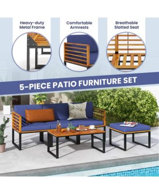 5 Piece Patio Chair Set, Acacia Wood Chair Set with Ottoman & Coffee Table