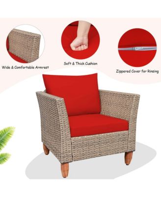 3PCS Patio Rattan Bistro Furniture Set Wood Table Top Cushion Sofa