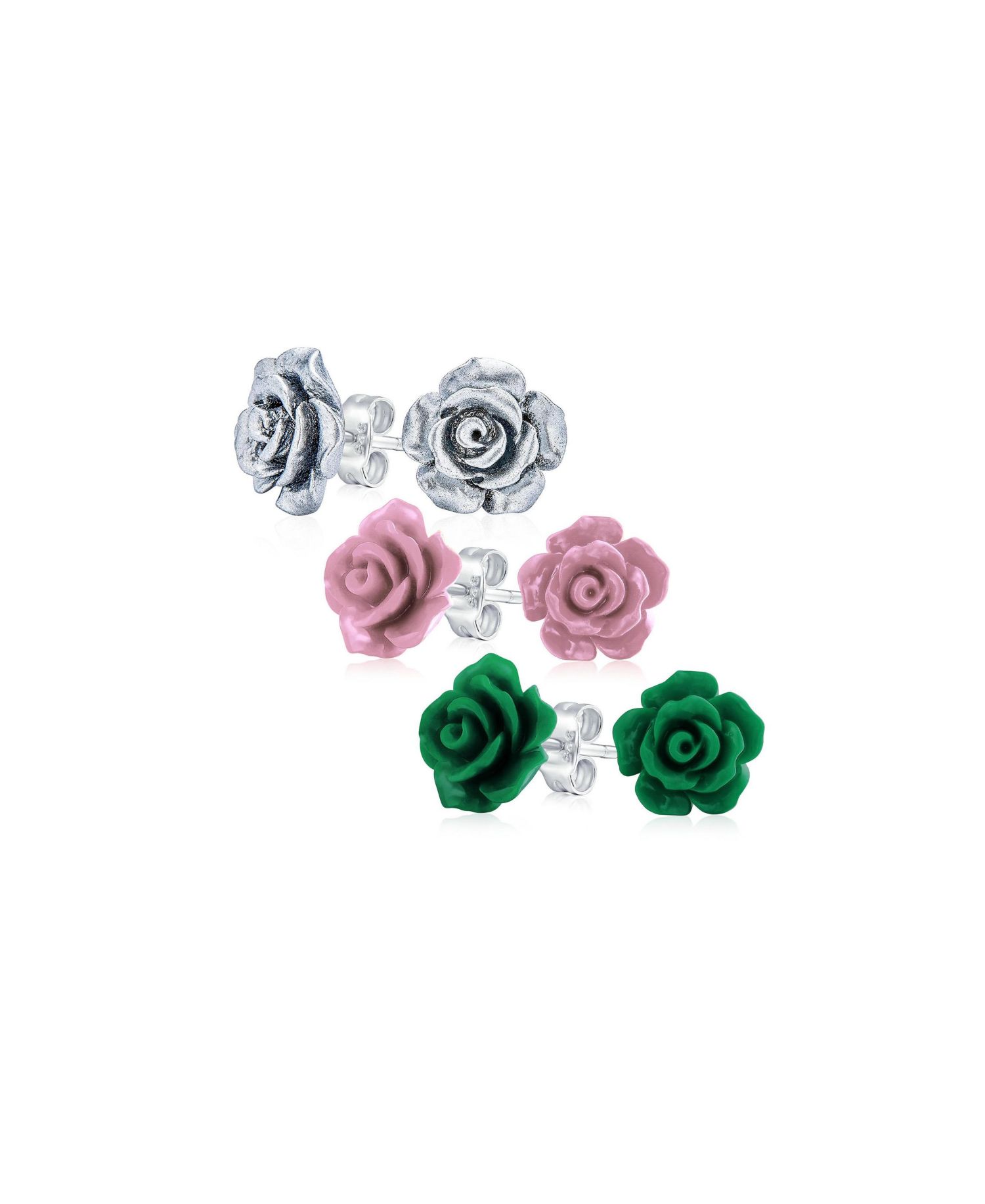 3D Rose Stud Earrings .925 Sterling Silver Post White, Blue, Pink (3 Set)