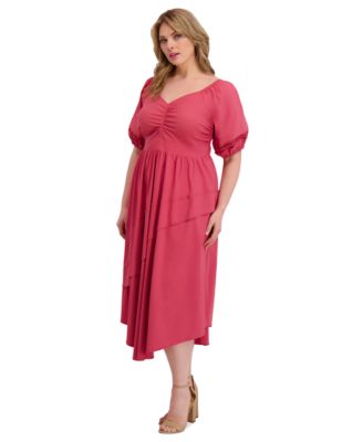 Plus Size Puff-Sleeve Asymmetric-Hem Midi Dress
