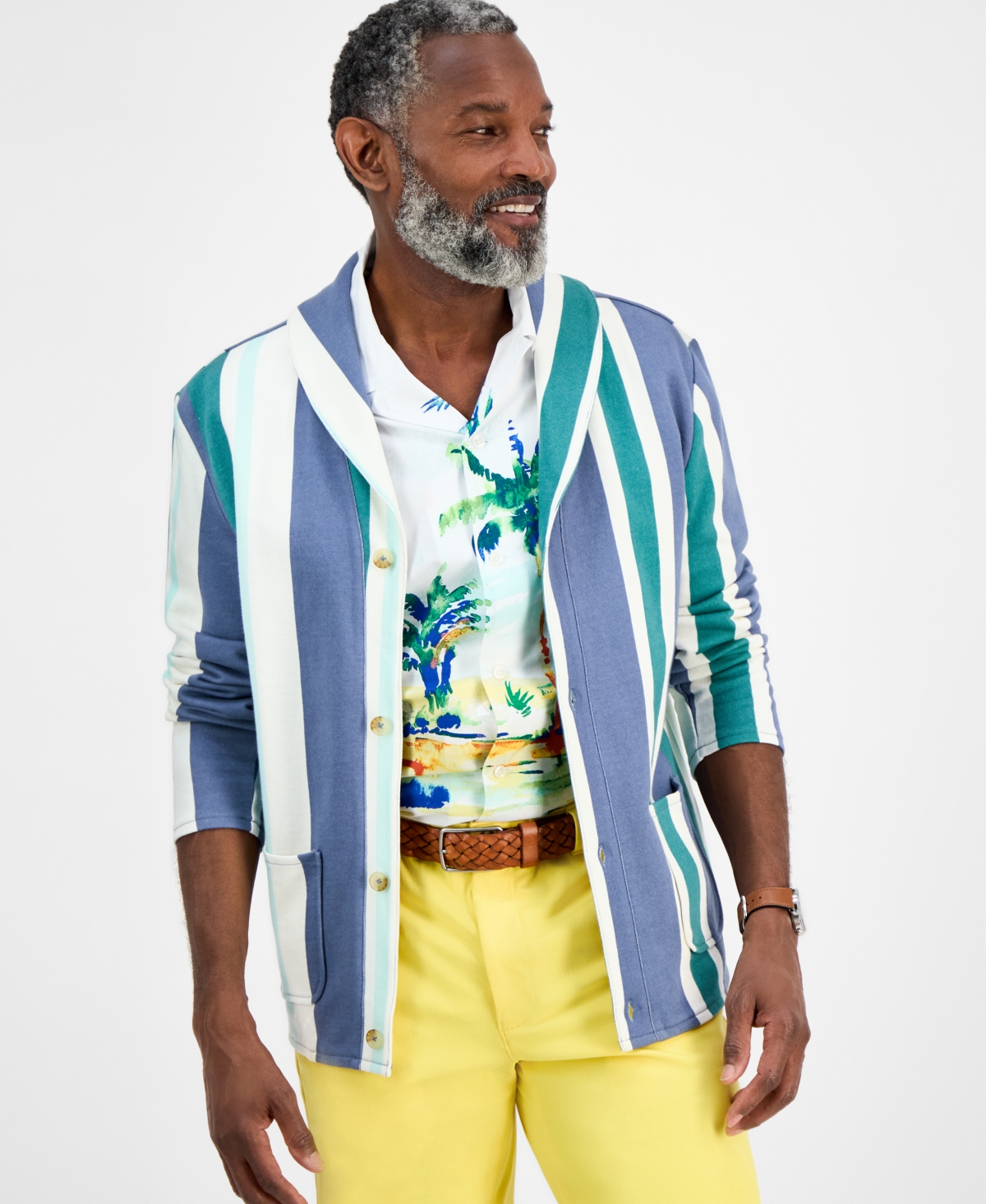 Men's Cotton Long-Sleeve Beach Stripe Cardigan, Exclusively at Macy's - White