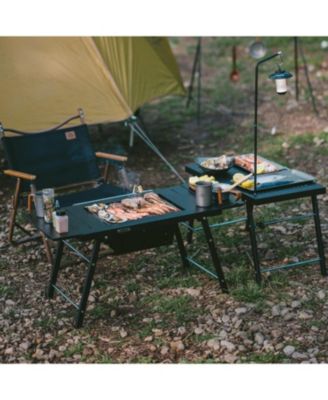 Portable IGT Table with Charcoal Grill, Folding Camping Table and BBQ Grill with Desk Extension & Lantern Stand
