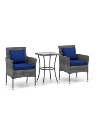 3 PCS Patio Furniture Set witn Cushioned Patio Chairs & Tempered Glass Coffee Table