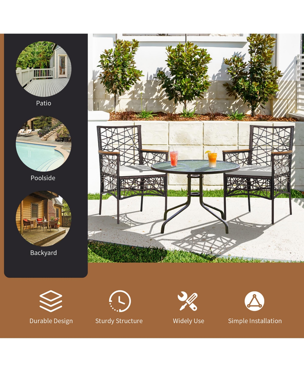 4pcs Pe Wicker Patio Bistro Chairs Acacia Wood Armrests w/ Cushions Outdoor