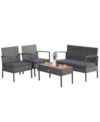 8PCS Patio Rattan Furniture Set Cushioned Chair Wooden Tabletop Gray