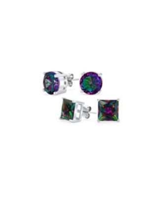 Set of 2 Round & Square Mystic Rainbow CZ Stud Earrings Sterling Silver