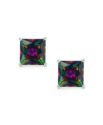 Set of 2 Round & Square Mystic Rainbow CZ Stud Earrings Sterling Silver