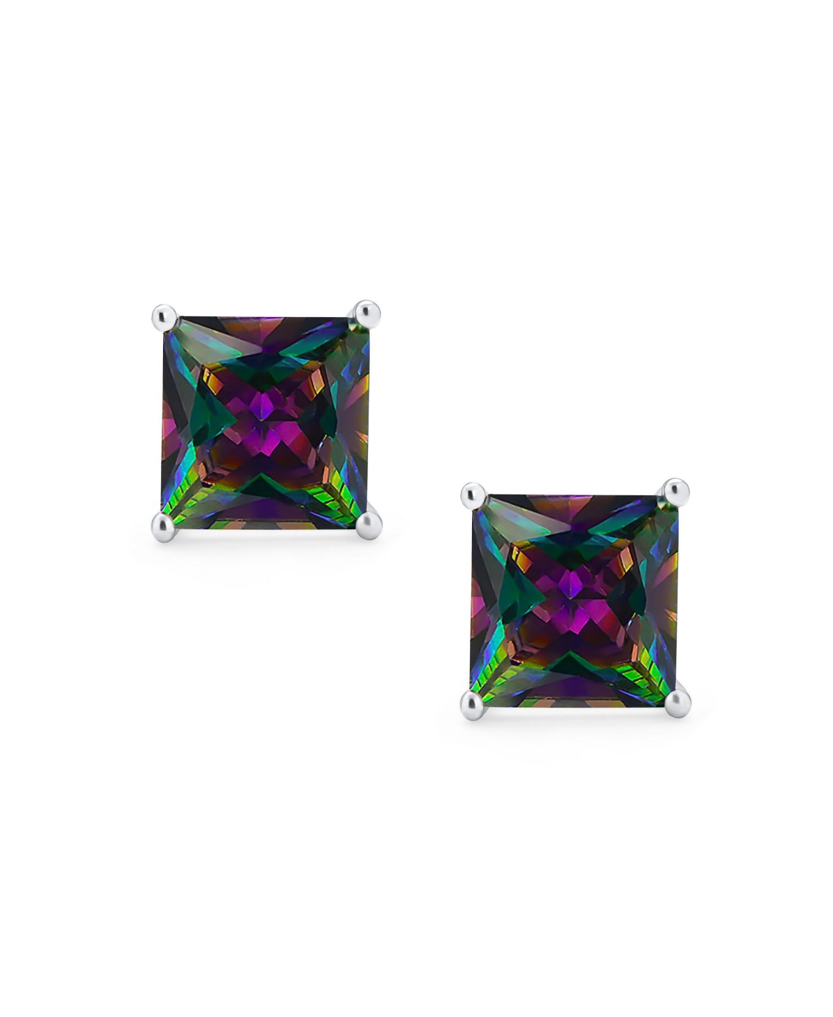 Bling Jewelry Set of 2 Round & Square Mystic Rainbow Cz Stud Earrings Sterling Silver