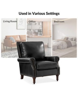 Wajeeh 33"W Mid-Century Modern Buttery Genuine Leather Accent Chair With Solid Wood Legs