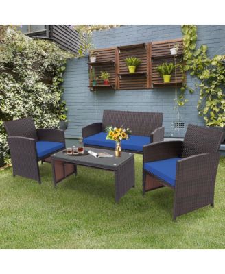 4PCS Patio Rattan Furniture Set Cushioned Chair Sofa Coffee Table