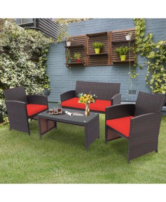 4PCS Patio Rattan Furniture Set Cushioned Chair Sofa Coffee Table