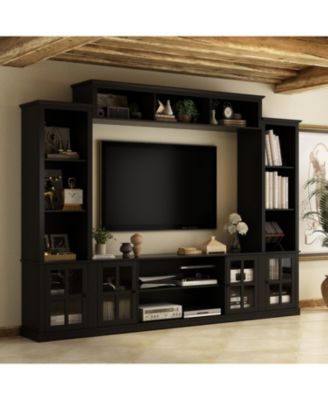 TV stand with top, left and right cabinets, multi-purpose media wooden console, entertainment center with tempered glass