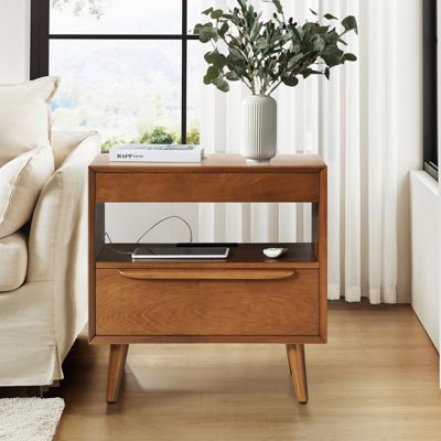 Jeraldo Mid-Century Modern 2-Drawer End Table with Built-In Outlets and Wooden Handle