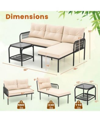 3-Piece L Shaped Patio Furniture Set w/Tempered Glass Table Back & Seat Cushions