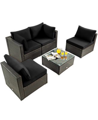 5PCS Patio Rattan Furniture Set Cushioned Sofa Chair Coffee Table