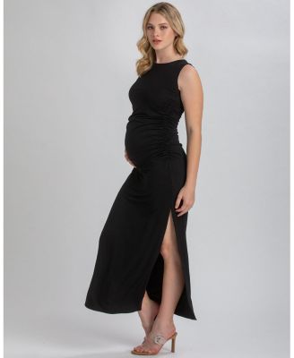 Maternity Sleeveless Side-Ruched Blossom Maxi Split Dress