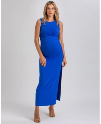 Maternity Sleeveless Side-Ruched Blossom Maxi Split Dress