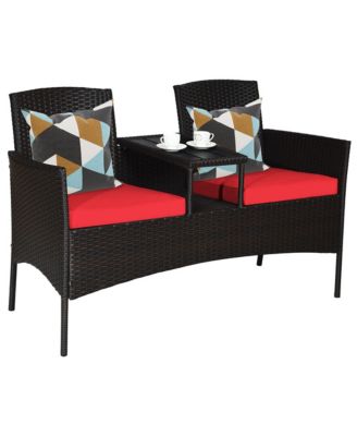 Patio Rattan Loveseat Sofa Cushioned Coffee Table