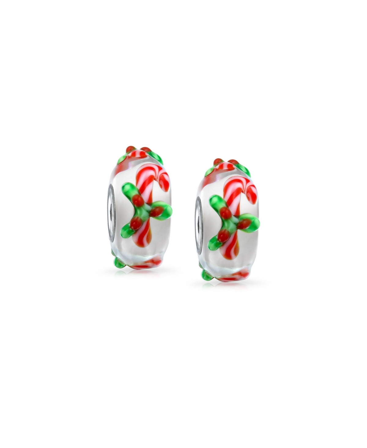 Set of 2 Christmas Charm Bead Red Candy Cane Peppermint Murano Glass Silver - Red set