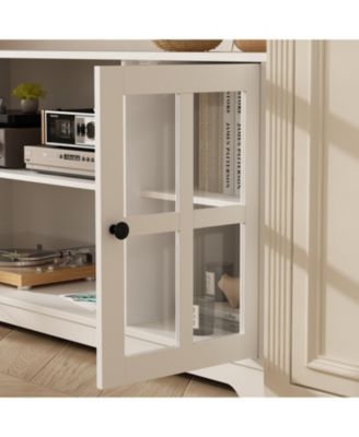 TV stand with top cabinets, entertainment center with tempered glass doors, wooden media console