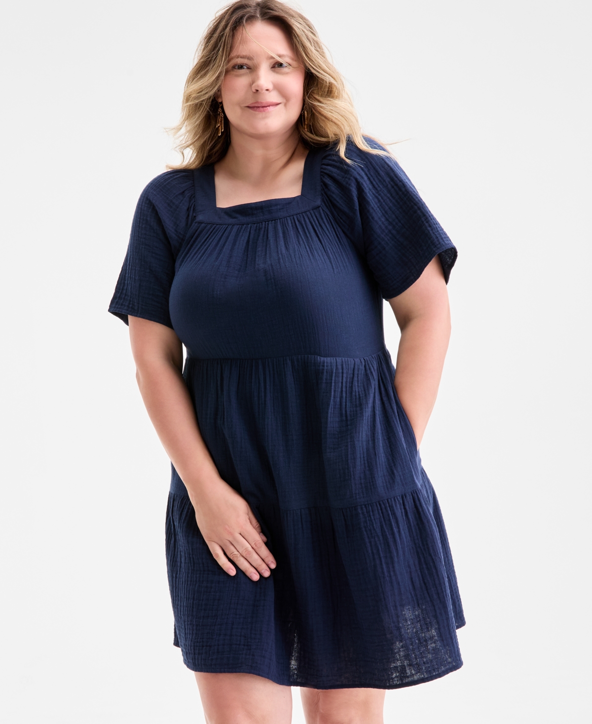 Style & Co Plus Size Square-neck Tiered Dress, Exclusively At Macy's In Blue