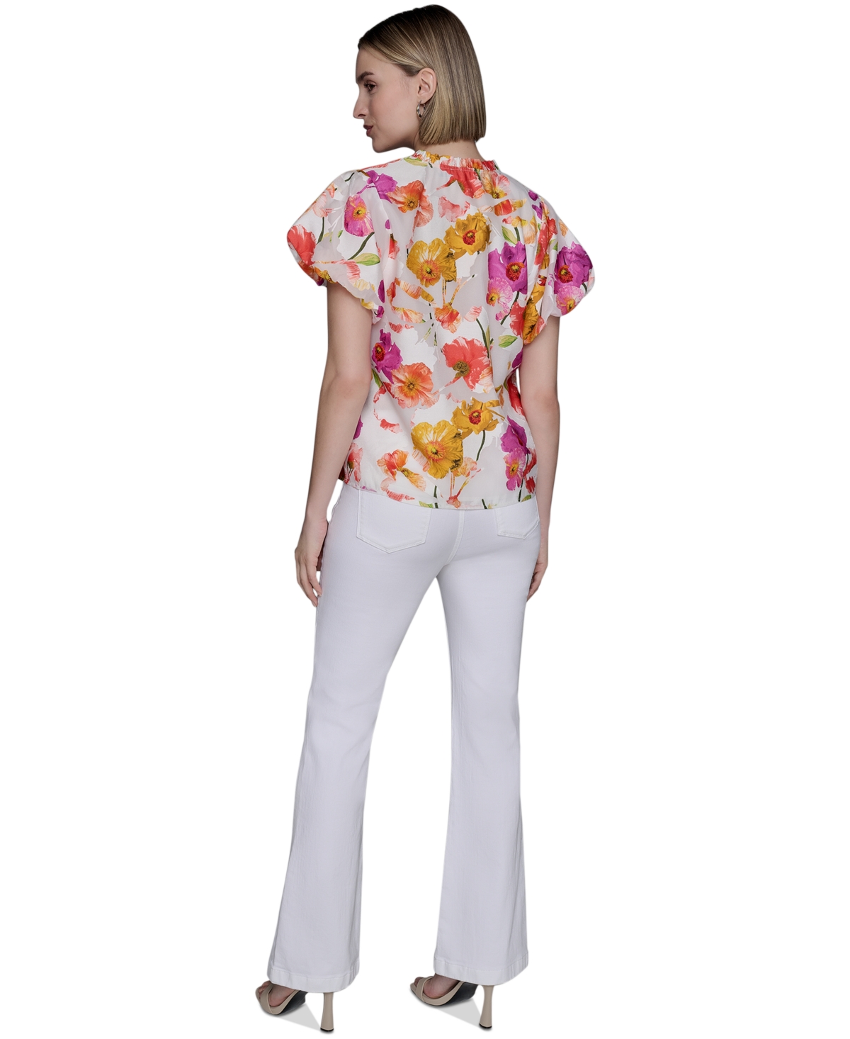KARL LAGERFELD PETITE FLORAL-PRINT FLUTTER-SLEEVE TOP 