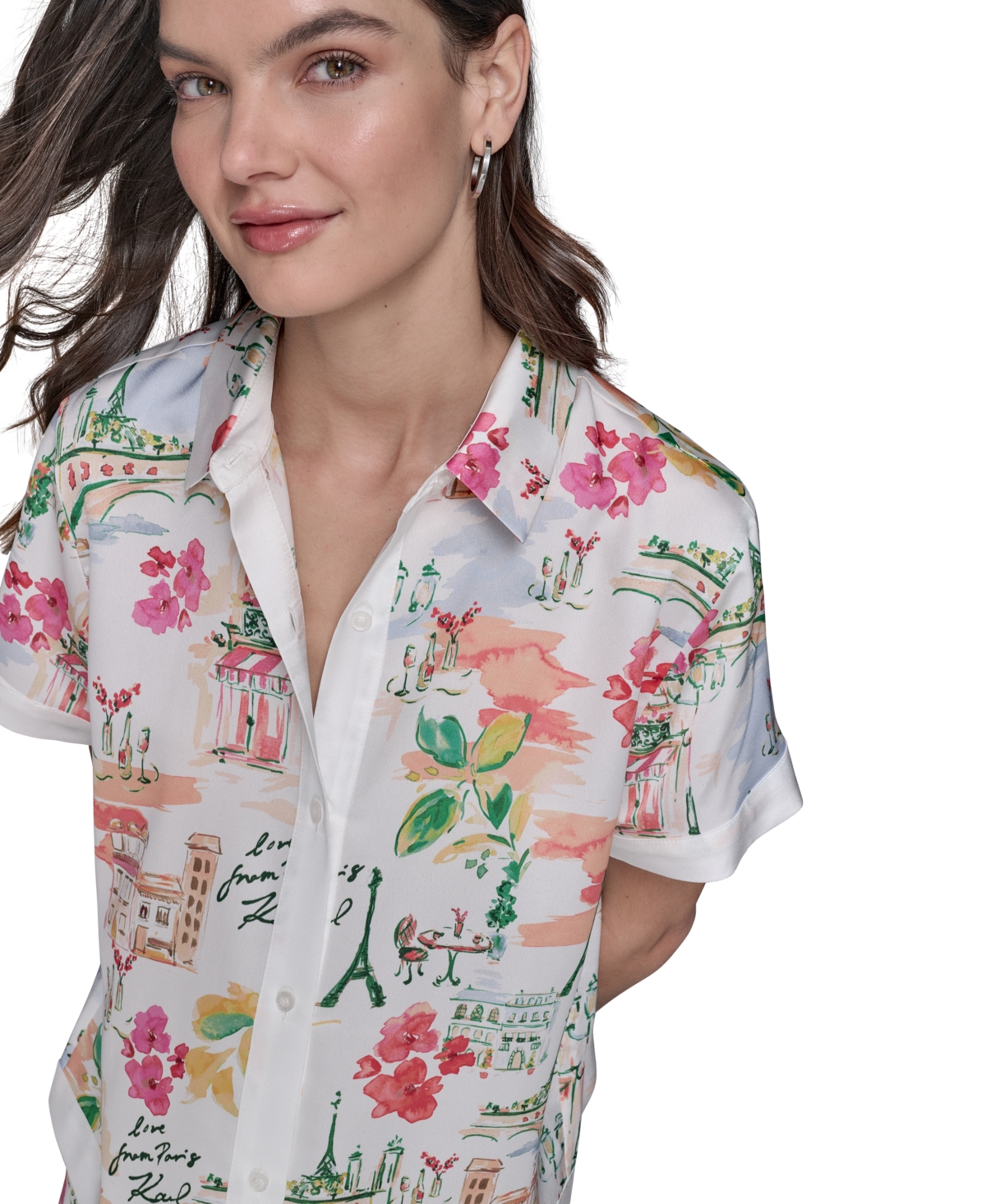Shop Karl Lagerfeld Petite Short-sleeve Multi-print Camp Shirt