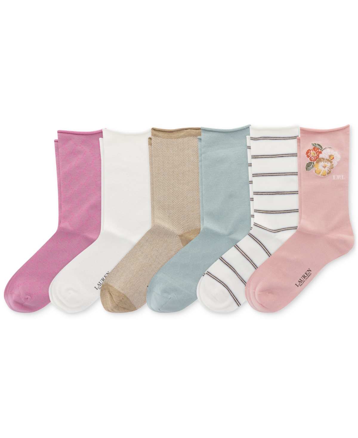 RALPH LAUREN WOMEN'S 6-PK. PLACED FLORAL ROLL-TOP SOCKS L3232PK2 