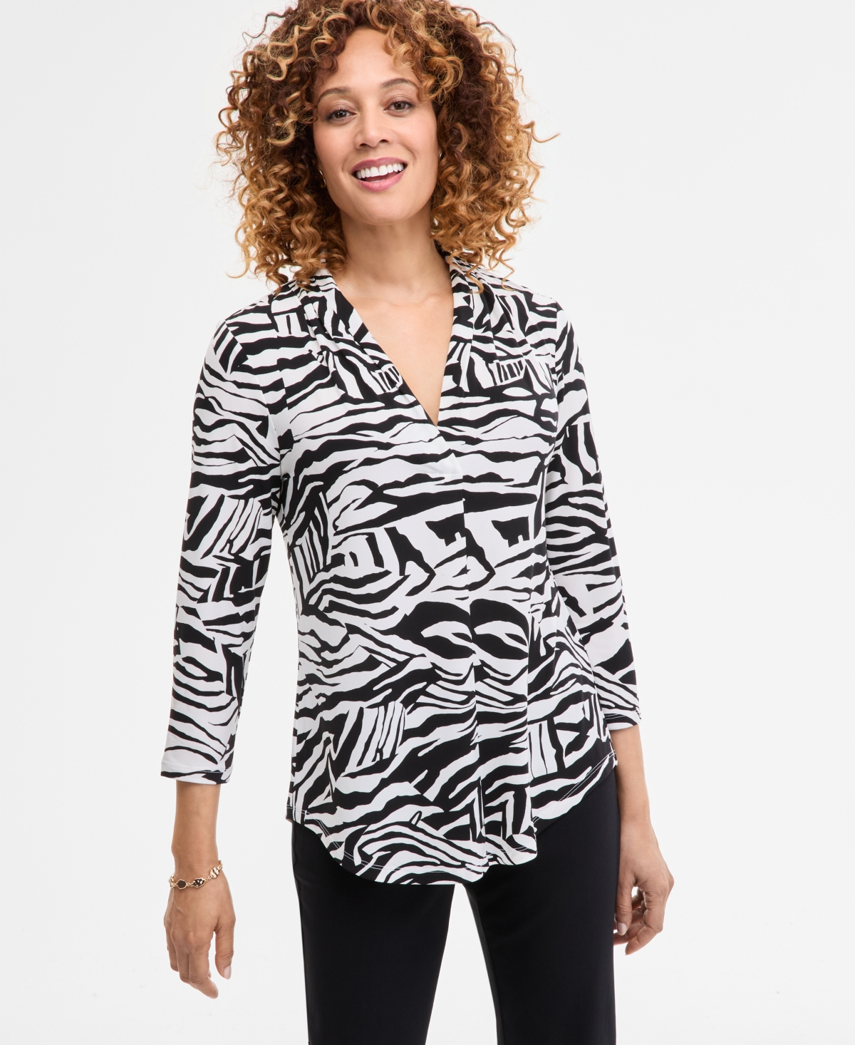 Jm Collection Women's Printed V-Neck 3/4-Sleeve Top