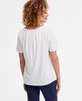 Women's Solid Pleat Neck Short-Sleeve Top, Exclusively at Macy's