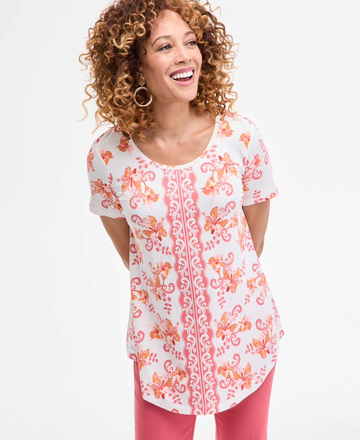 Women's Printed Scoop-Neck Short Sleeve Top, Exclusively at Macy's - Peach Nectar Combo