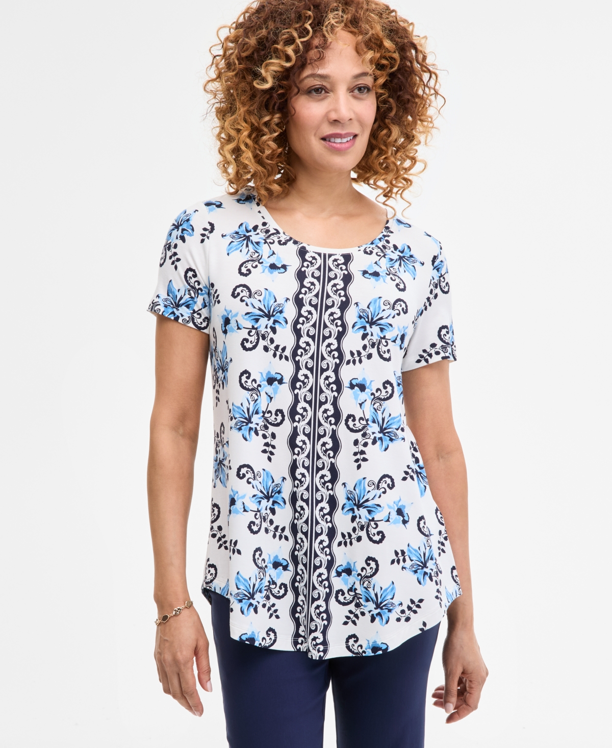 Women's Printed Scoop-Neck Short Sleeve Top, Exclusively at Macy's - Peach Nectar Combo