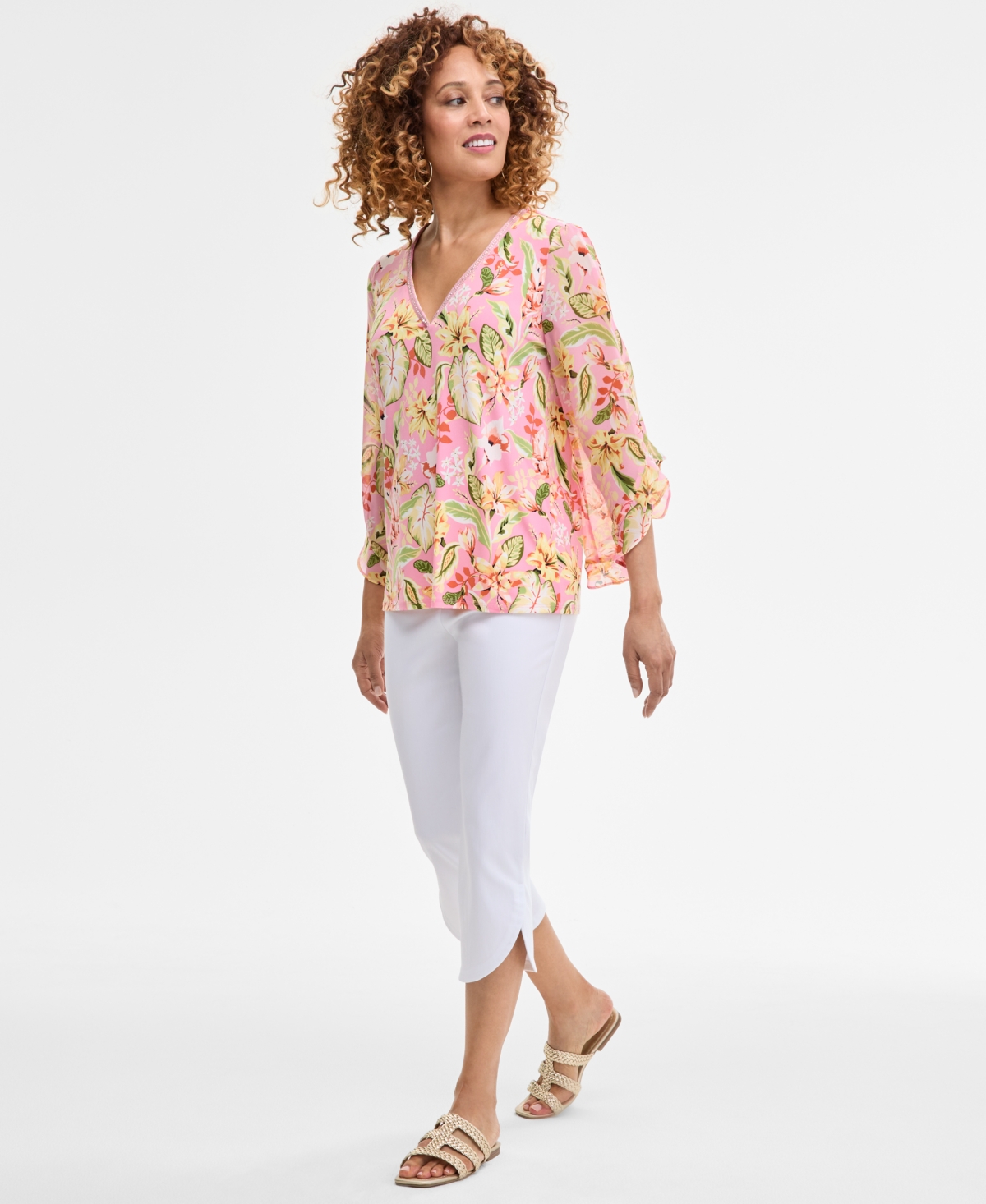 Jm Collection Women's Printed Embellished V-neck Ruffle-sleeve Top, Exclusively At Macy's In Pink