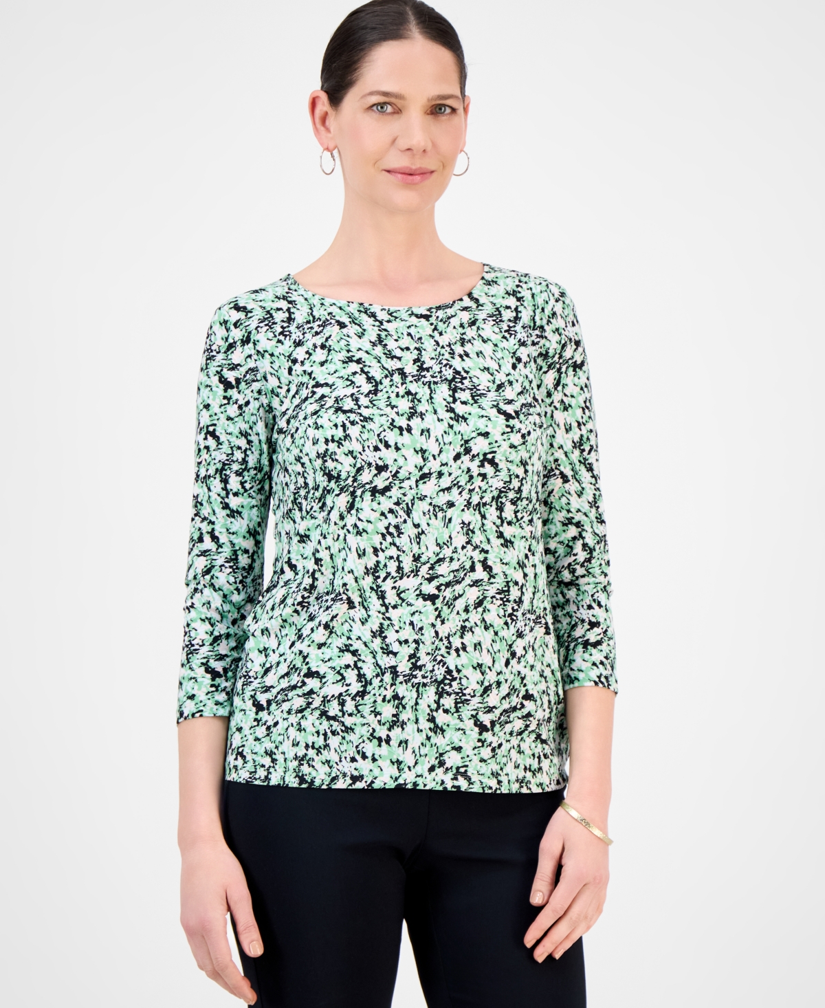 Women's Printed 3/4 Sleeve Scoop-Neck Jacquard Top, Exclusively at Macy's - Lt Pesto Cb