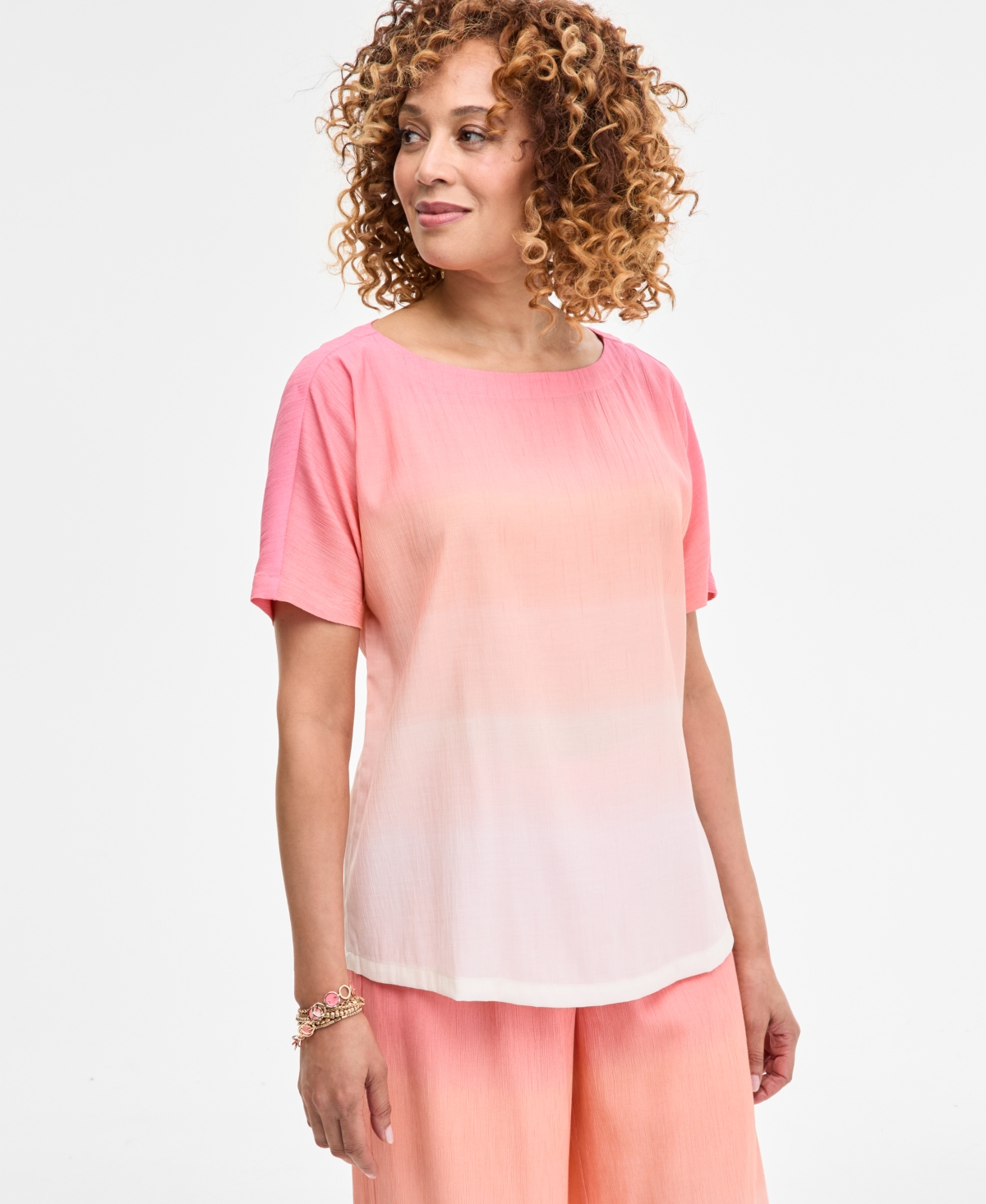 Women's Ombre Crinkle Short-Sleeve Top, Exclusively at Macy's - Peony Twinkle Combo