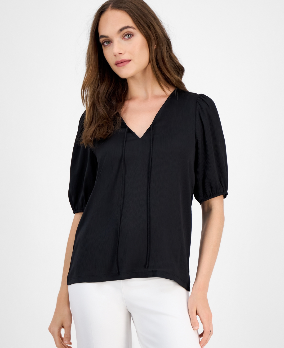 Women's Puff-Sleeve V-Neck Tie-Front Top - Anne Black