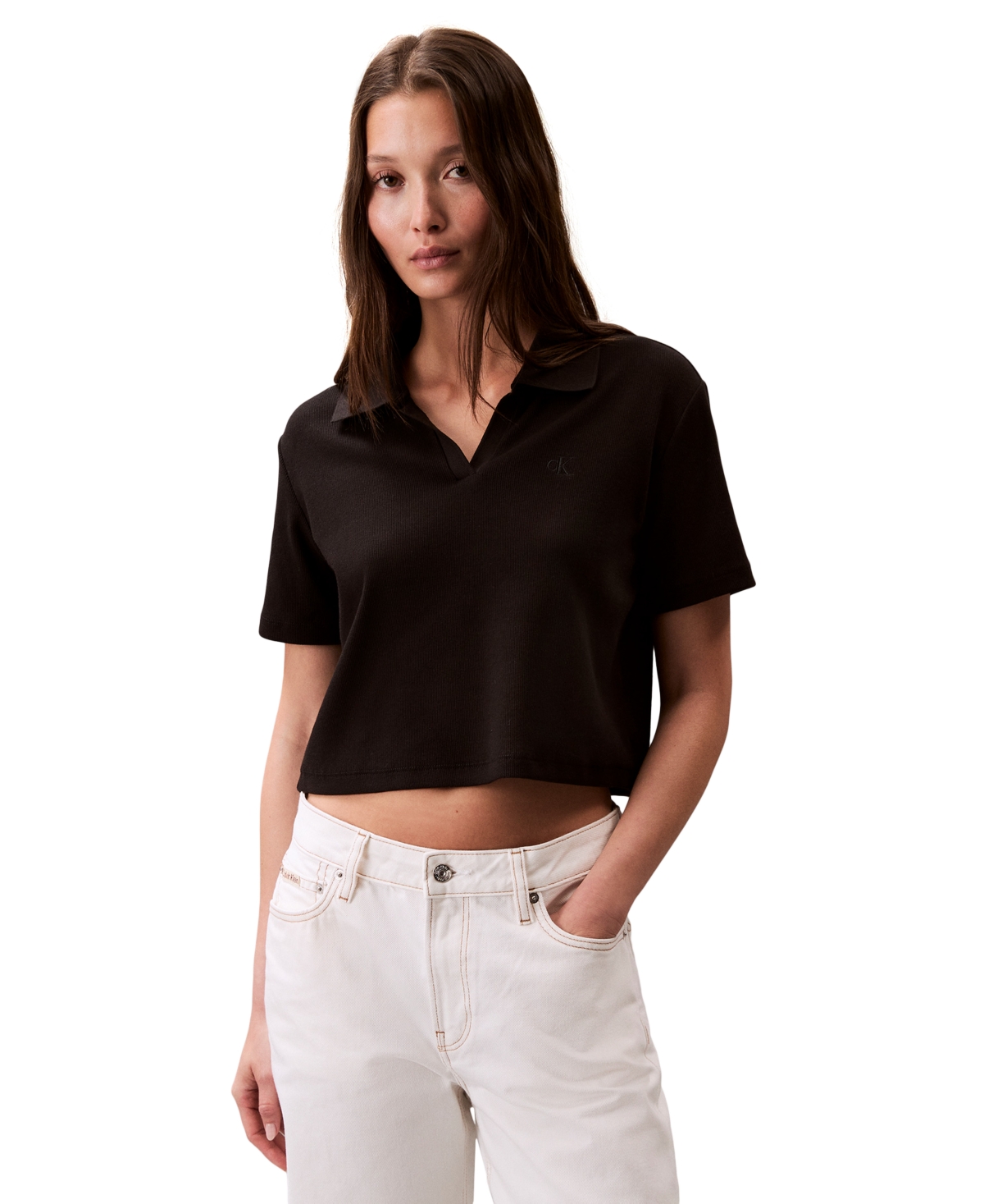 Women's Ribbed Monogram-Logo Polo Top - Black