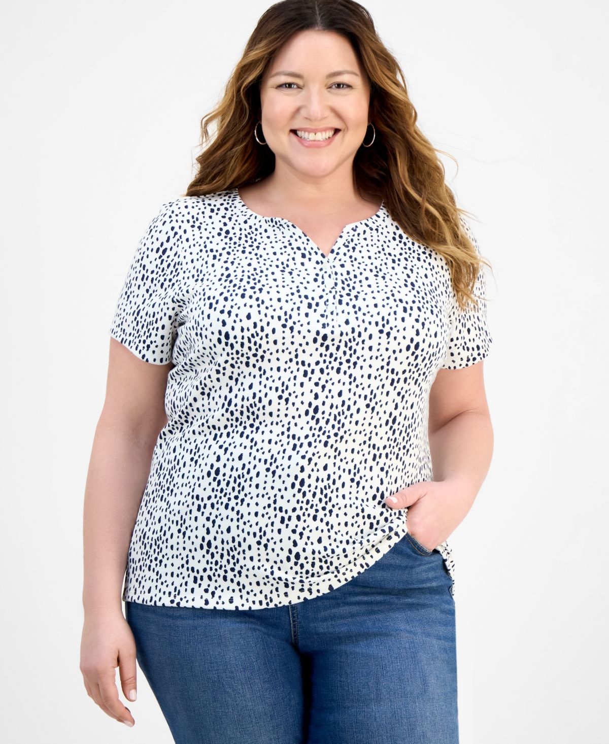Style & Co Plus Size Printed Henley Short-sleeve Top, Exclusively At Macy's