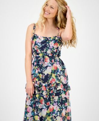 Women's Printed Tie-Strap Tiered Maxi Dress