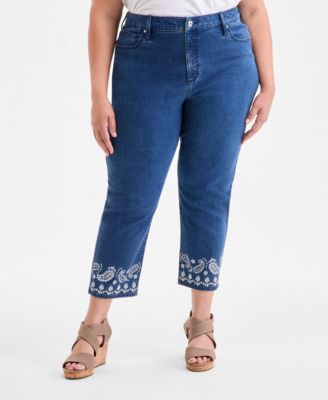 Plus Size Eyelet Embroidered Cropped High Rise Straight Leg Jeans. Exclusively at Macy's 